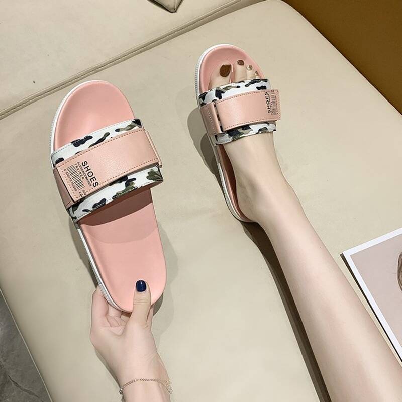 

Camo Velcro Strap Slide Sandals, Baby pink