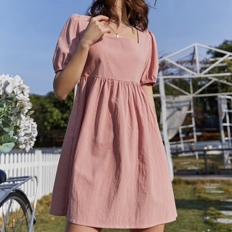 

Solid Square Neck Dress, Dusty pink