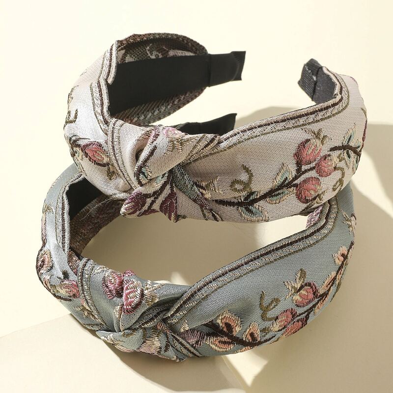 

2pcs Flower Embroidered Knot Decor Headband, Multicolor