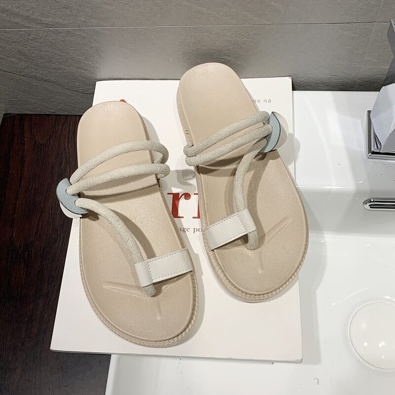 

Simple Strap Toe Post Slide Sandals, Beige