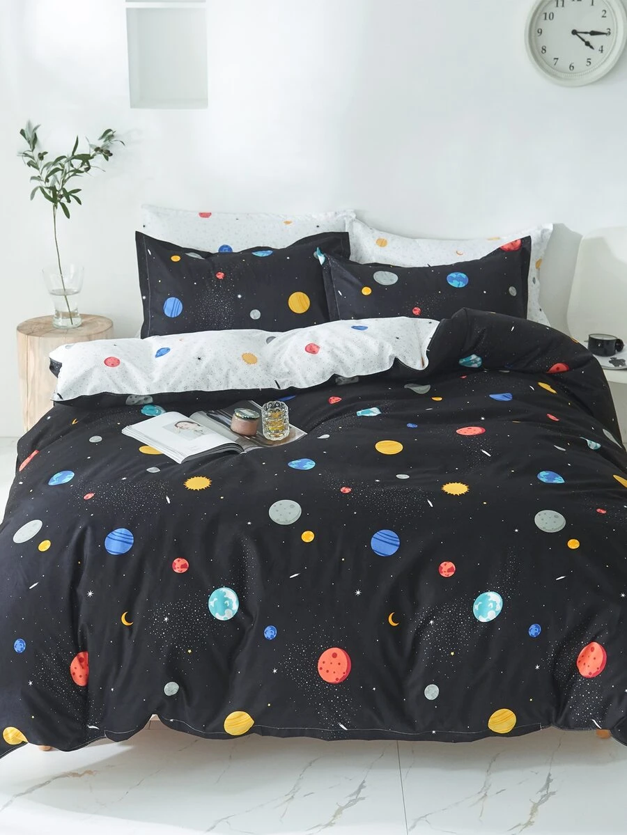 Planet Print Kids Duvet Cover Without Filler - Black - View 1