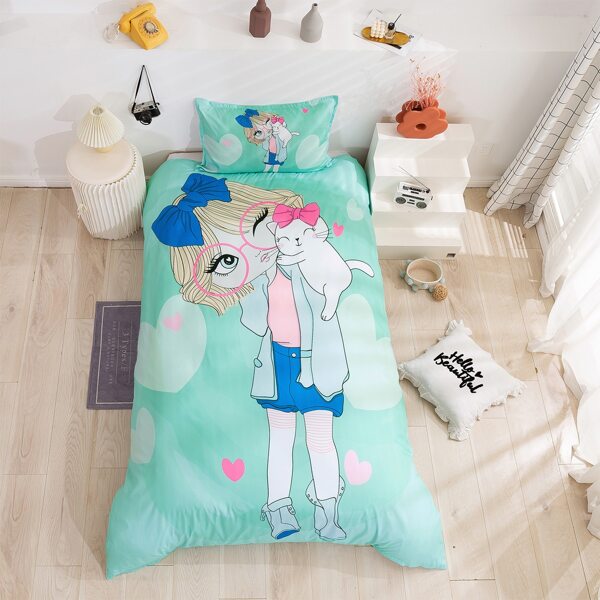 

Kids Cartoon Girl Print Duvet Cover Set Without Filler, Green