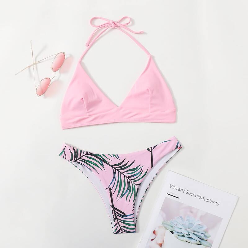 

Leaf Print Halter Bikini Swimsuit, Pink
