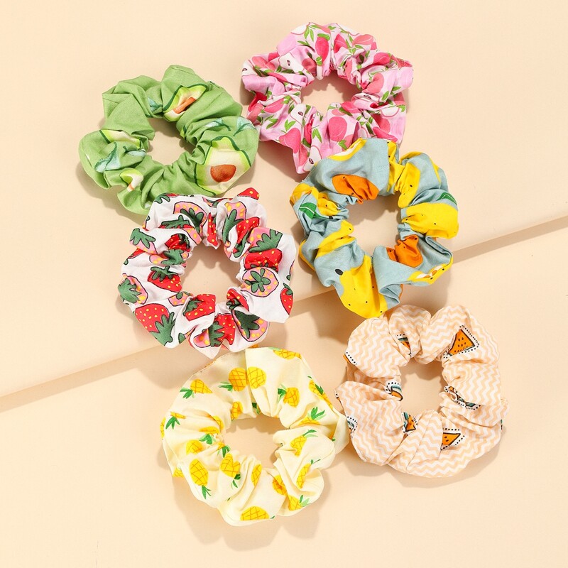

6pcs Fruit Print Pleated Scrunchie, Multicolor