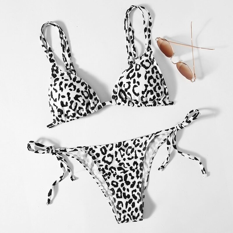 

Leopard Tie Side Bikini Swimsuit, Black and white