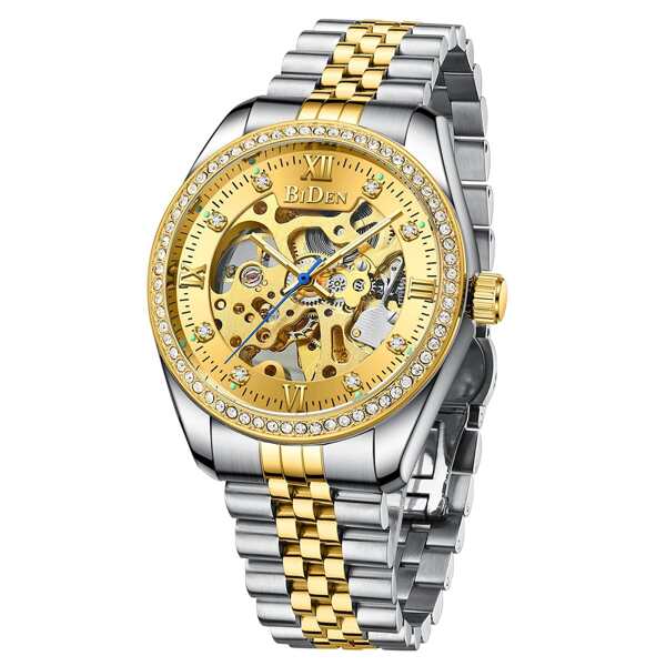 

Men Rhinestone Decor Skeleton Dial Mechanical Watch With Strap Remover