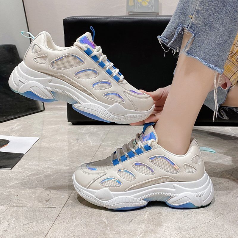 

Holographic Lace-up Chunky Sneakers, Beige