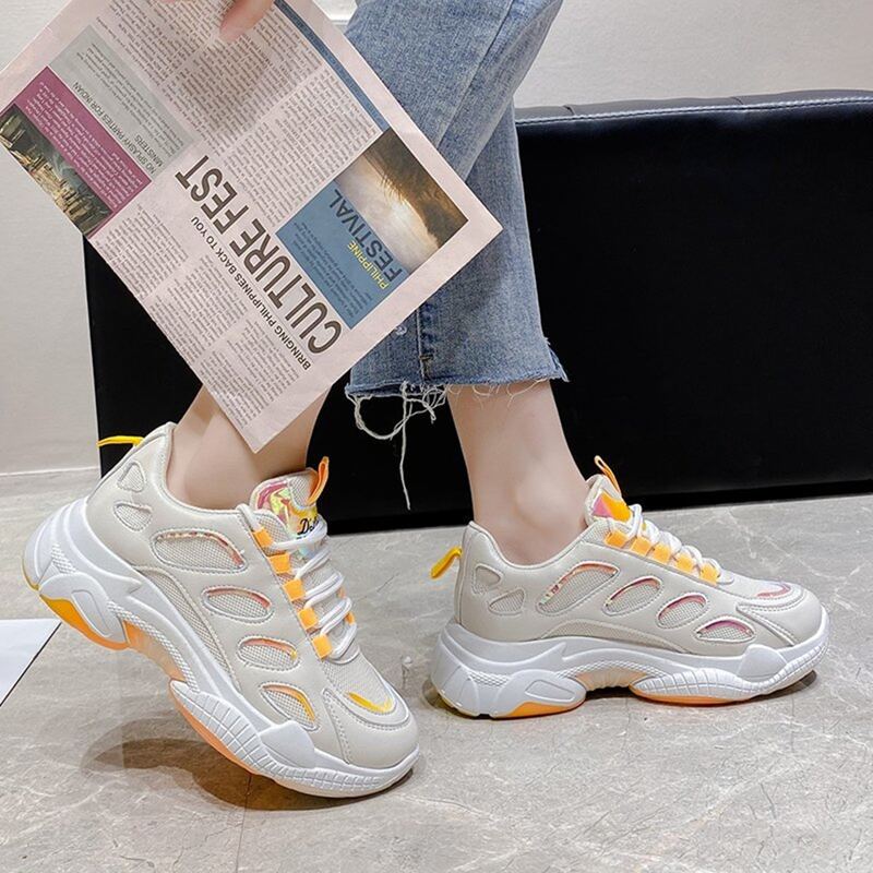 

Holographic Lace-up Chunky Sneakers, Beige