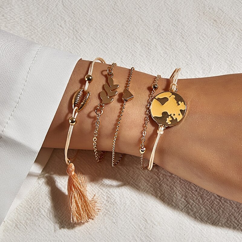 

5pcs Shell & Heart Chain Bracelet, Gold