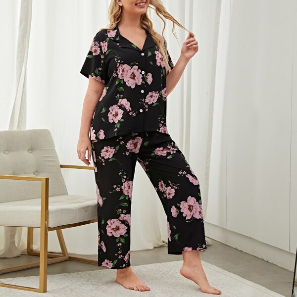 

Plus Floral Lapel Collar Pajama Set, Multicolor