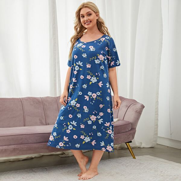 

Plus Floral Print Scoop Neck Night Dress, Multicolor