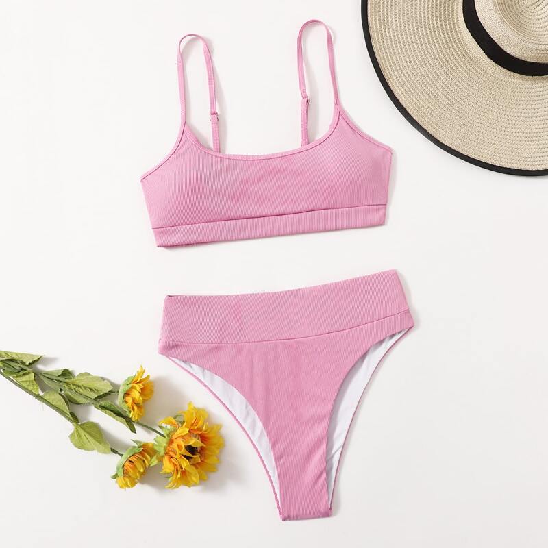 

Ribbed High Waist Bikini Swimsuit, Pink
