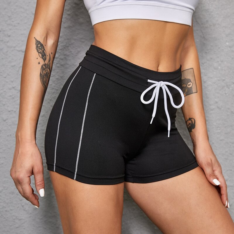 

Topstitching Drawstring Waist Sports Shorts, Black