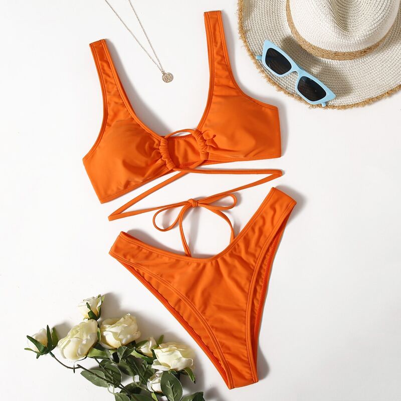 

Drawstring Front High Leg Bikini Swimsuit, Orange