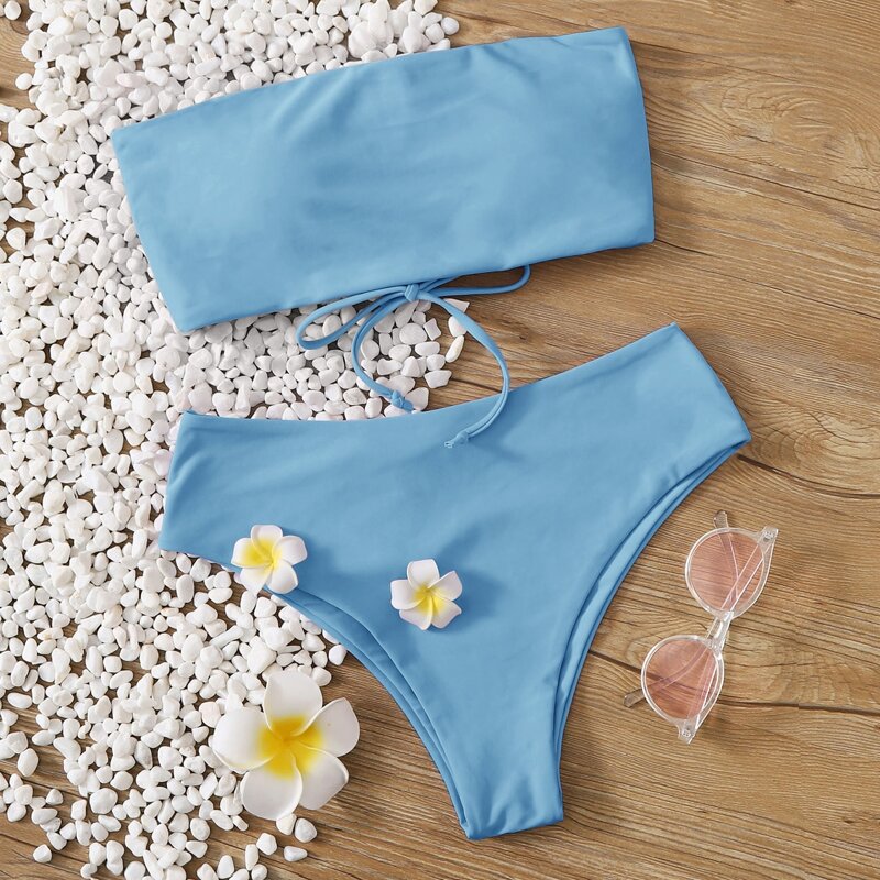 Lace-up Back Bandeau Bikini Swimsuit, Baby blue