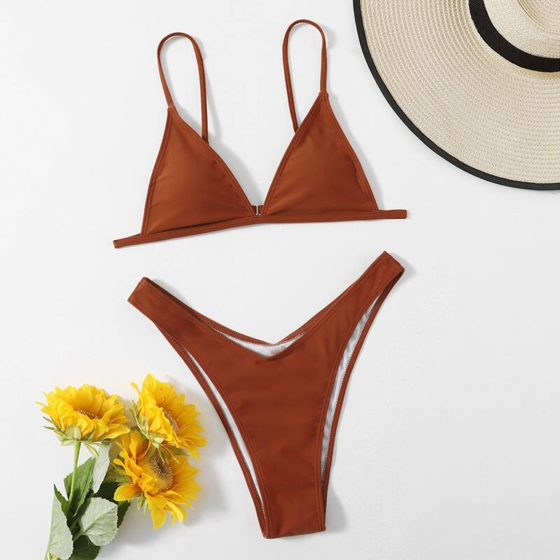 

Solid Triangle High Leg Bikini Swimsuit, Brown