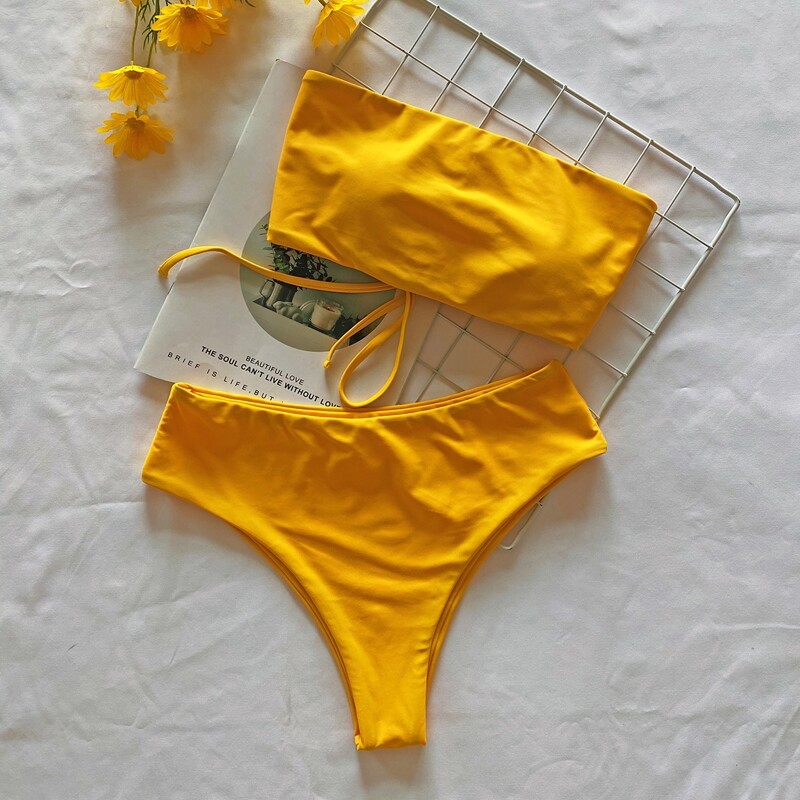 

Lace-up Back Bandeau Bikini Swimsuit, Yellow