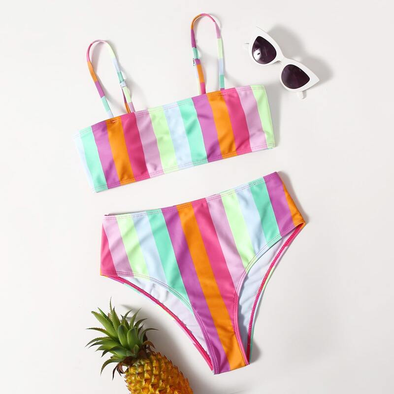

Stripe High Waist Bikini Swimsuit, Multicolor