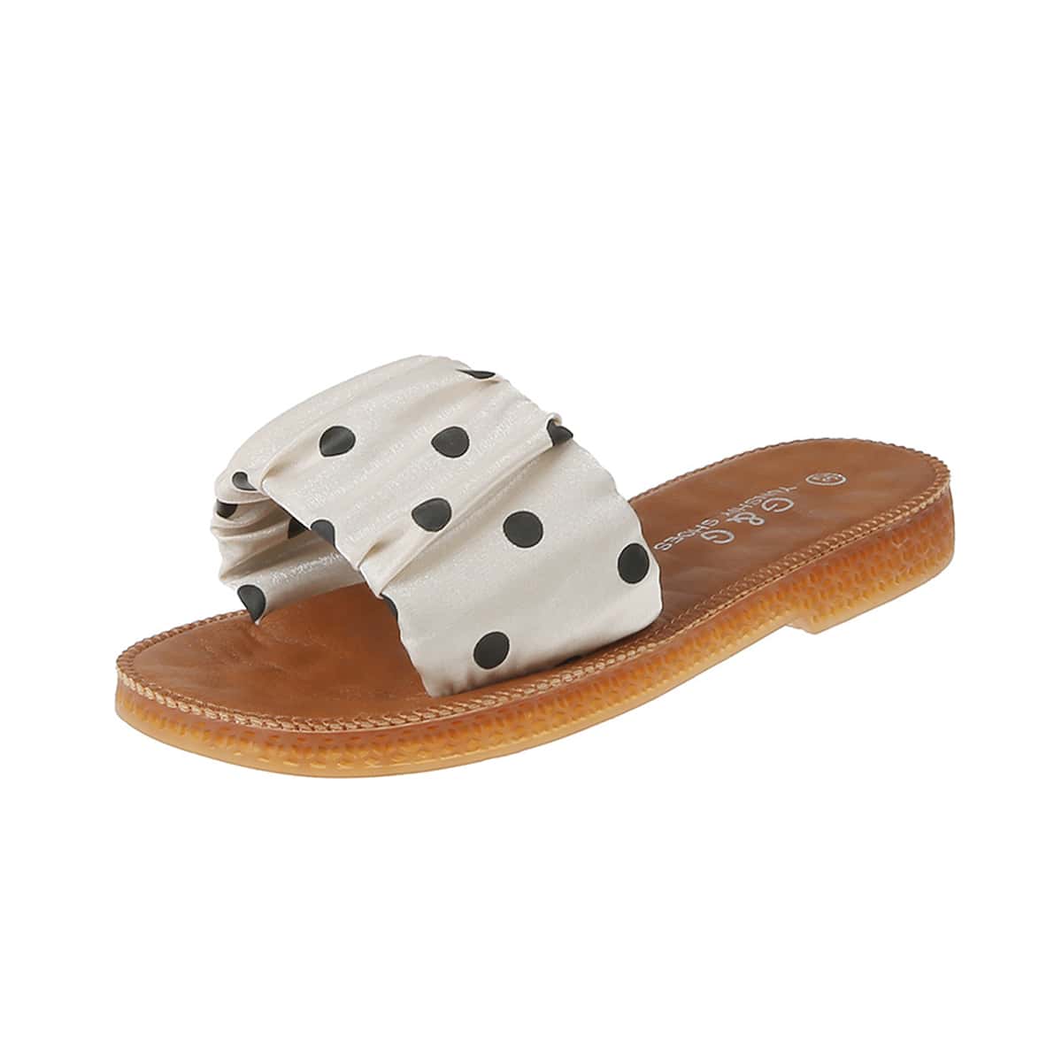 

Polka Dot Wide Band Slide Sandals, Beige