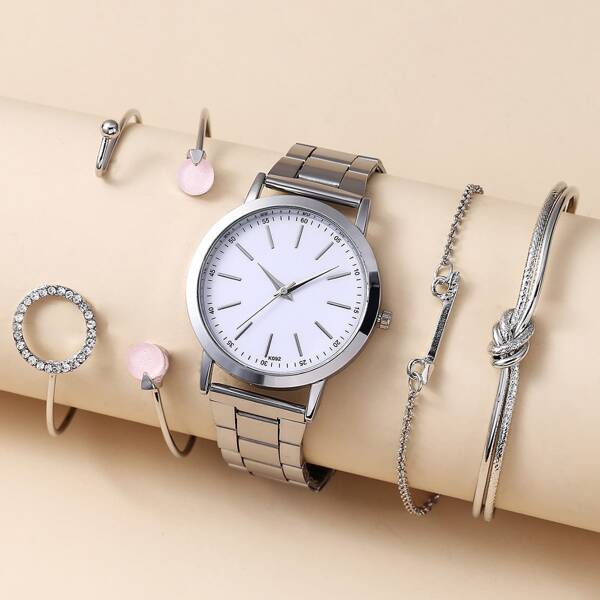 

1pc Round Pointer Quartz Watch & 4pcs Bracelet