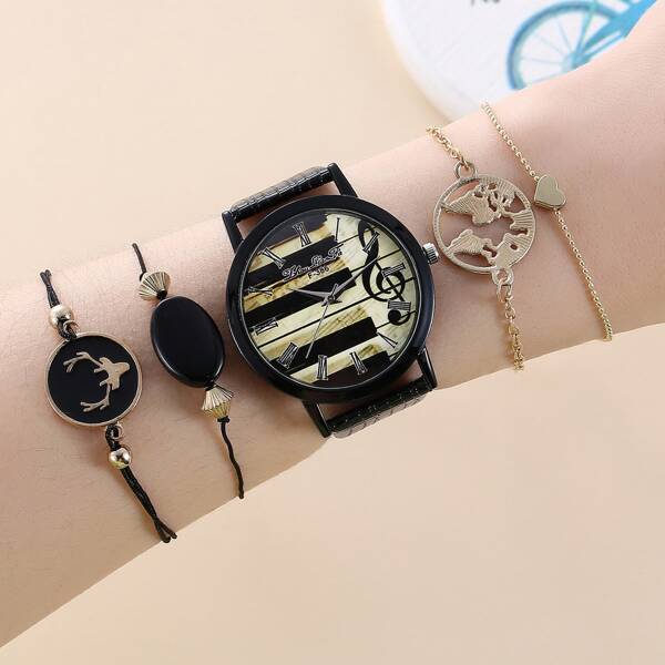 

1pc Round Pointer Quartz Watch & 4pcs Bracelet