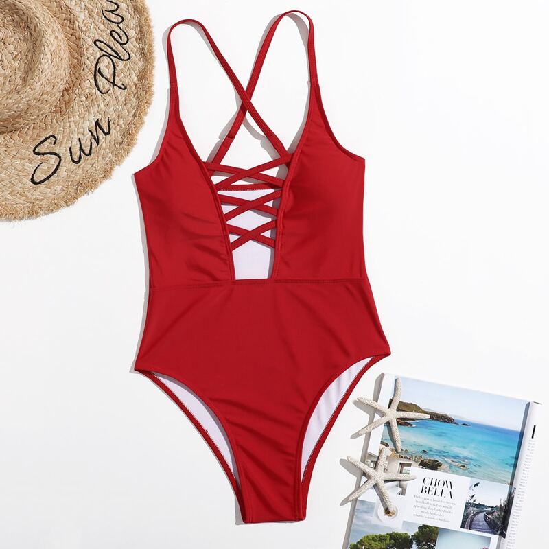 

Crisscross Front One Piece Swimsuit, Red
