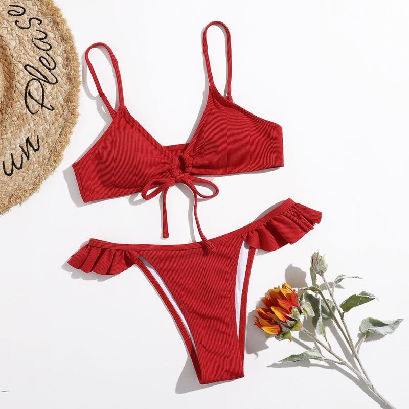

Drawstring Front Ruffle Trim Bikini Swimsuit, Red
