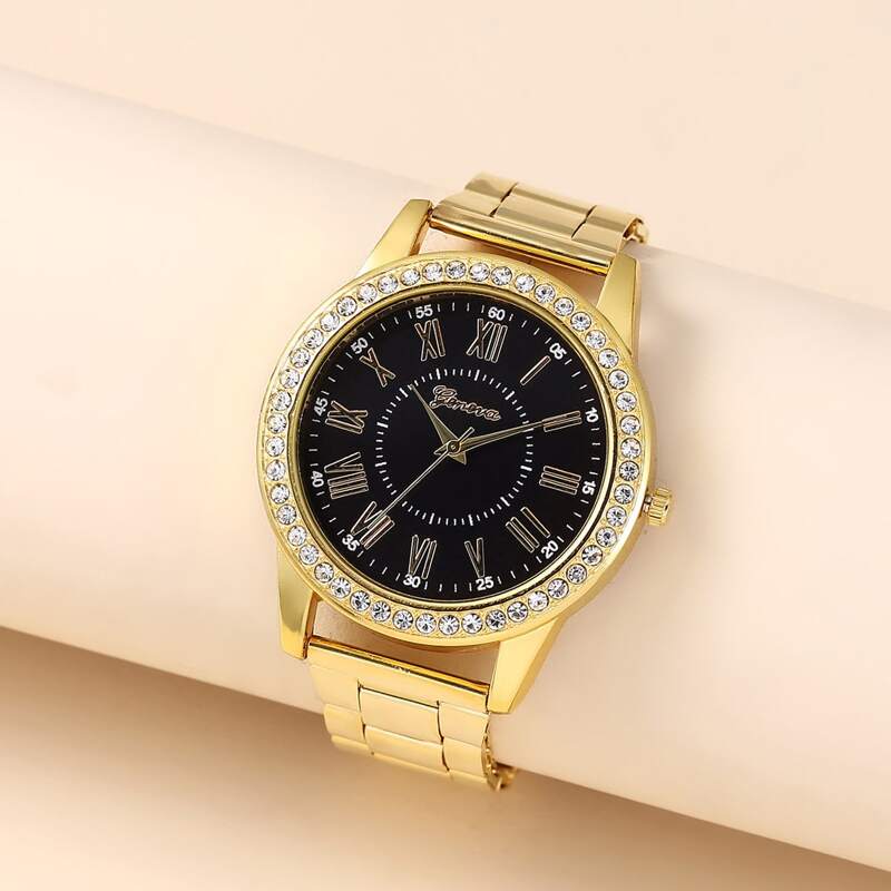 

Rhinestone Decor Round Pointer Quartz Watch