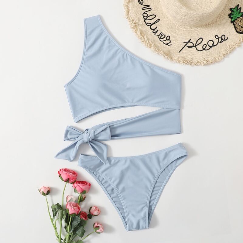 

Knot Decor One Shoulder Bikini Swimsuit, Baby blue