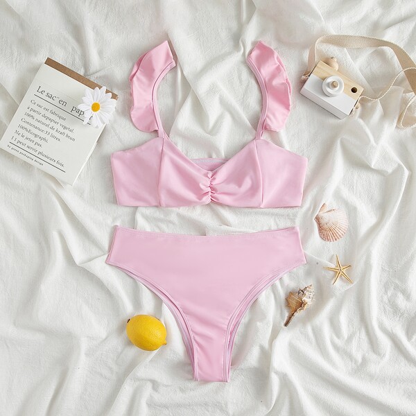 

Ruffle Trim Bikini Swimsuit, Baby pink