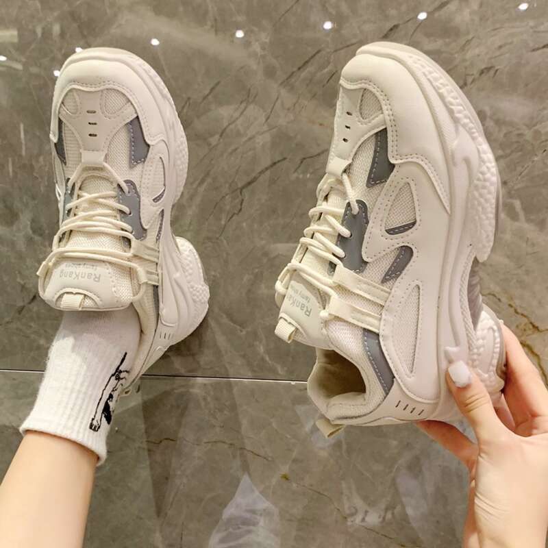 

Lace-up Mesh Chunky Sneakers, Beige