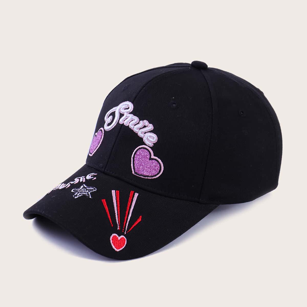 

Letter Heart Embroidery Baseball Cap, Black