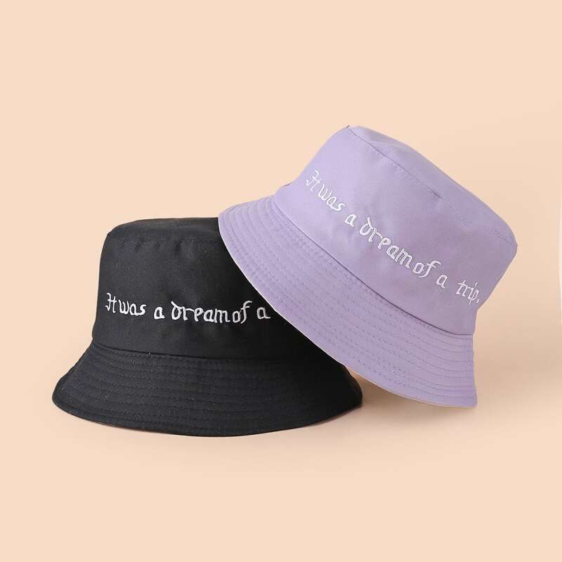 

2pcs Reversible Slogan Embroidery Bucket Hat, Multicolor