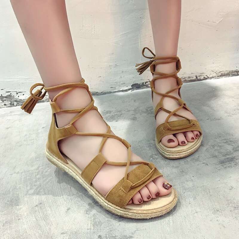 

Criss Cross Tie Leg Flat Sandals, Brown