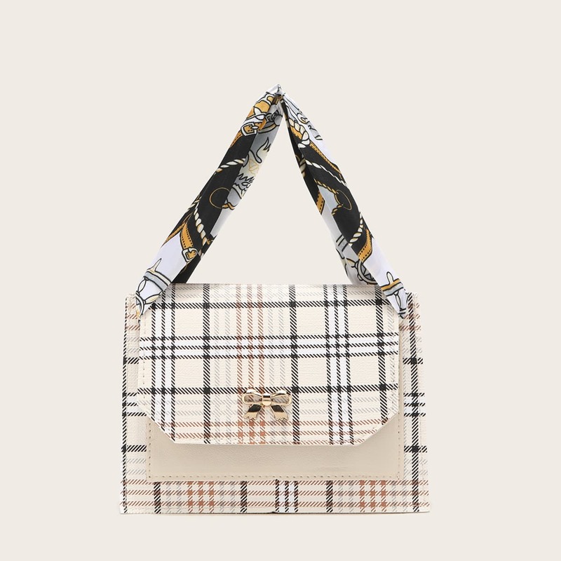 

Scarf Handle Plaid Satchel Bag, Beige