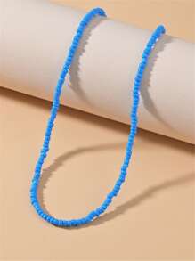 Simple Beaded Necklace - Blue - View 2