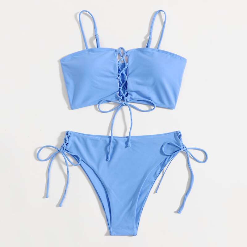 

Lace-up High Waist Bikini Swimsuit, Blue