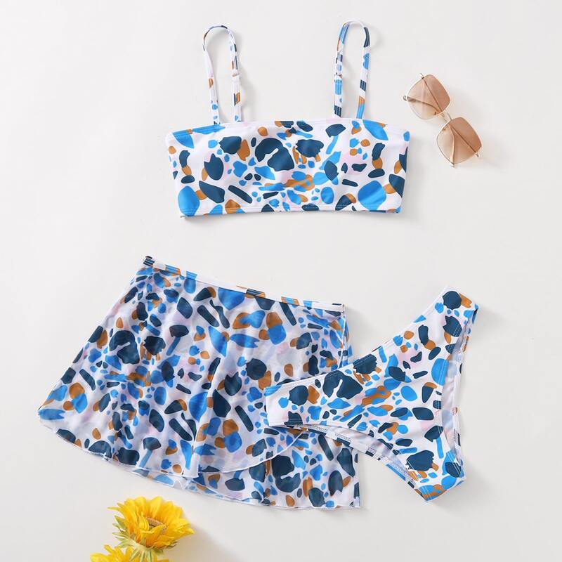 

3pack Allover Print Bikini Swimsuit & Beach Skirt, Multicolor