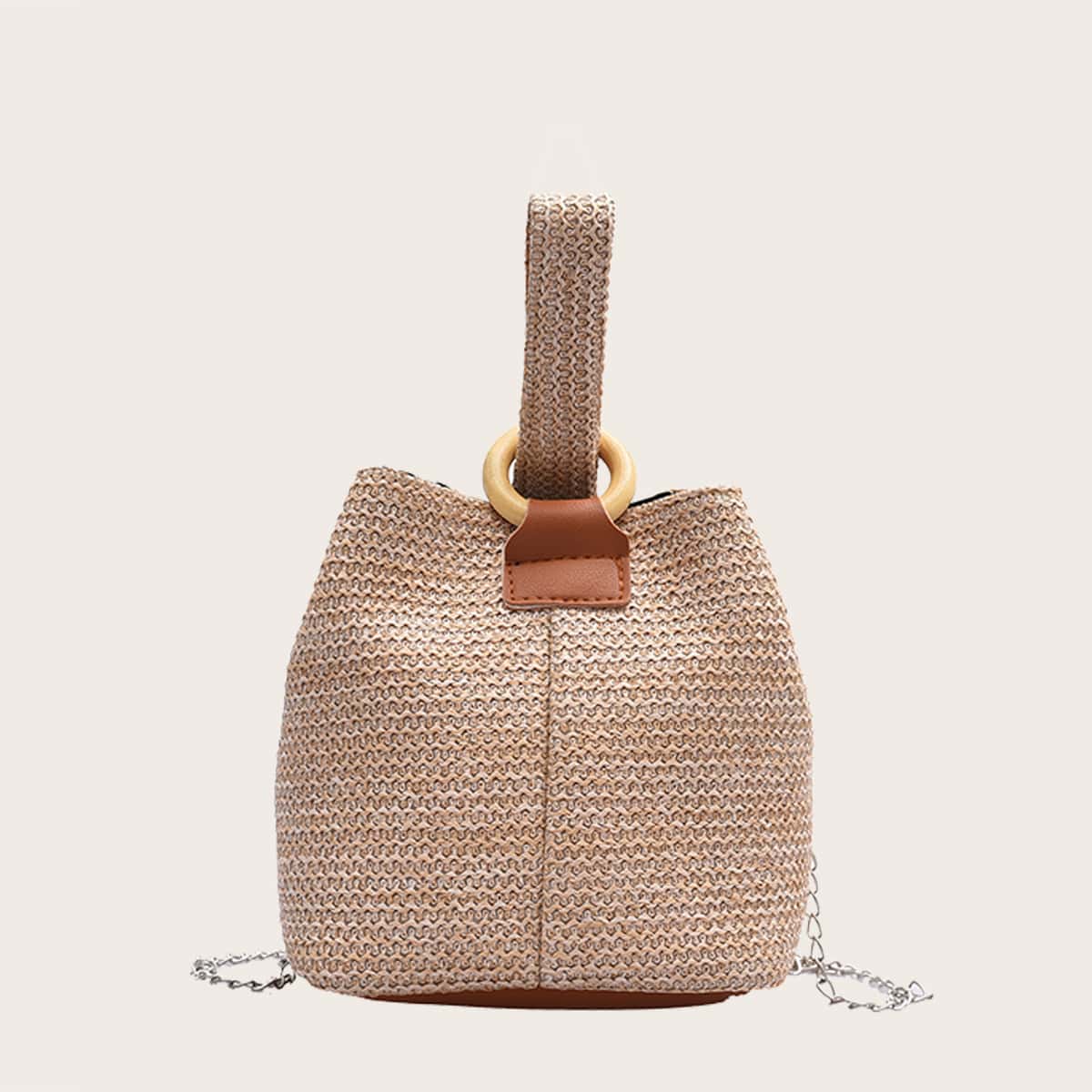 

Straw Chain Satchel Bag, Khaki