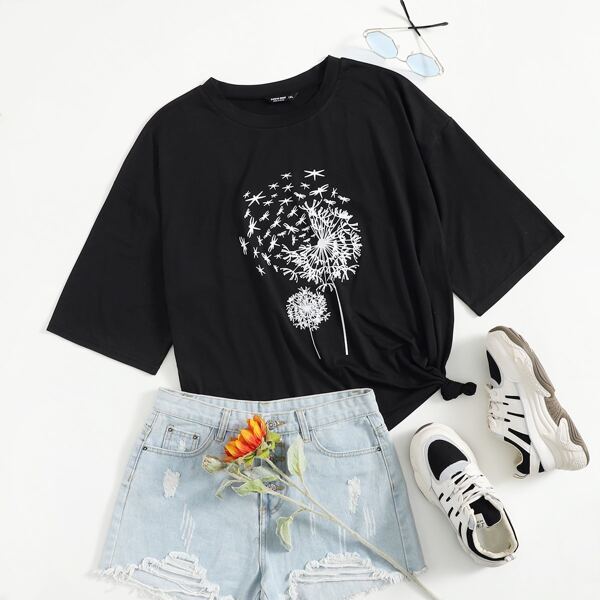 

Plus Dandelion Print Drop Shoulder Tee, Black