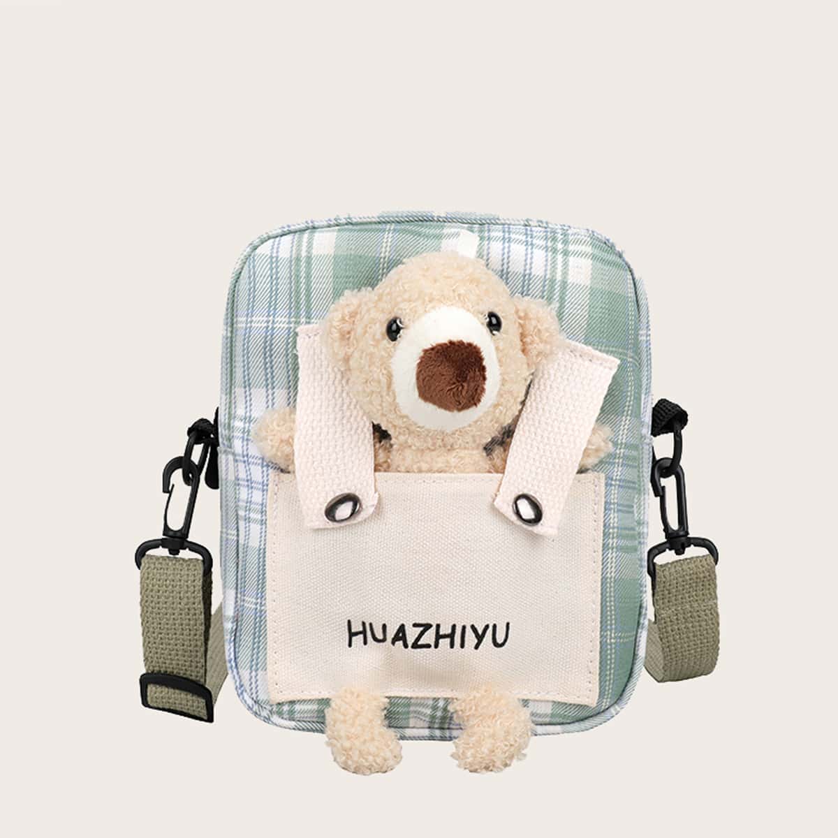 

Cartoon Bear Plaid Crossbody Bag, Mint green