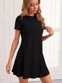 SHEIN LUNE Solid Round Neck Tee Dress - Black - View 5