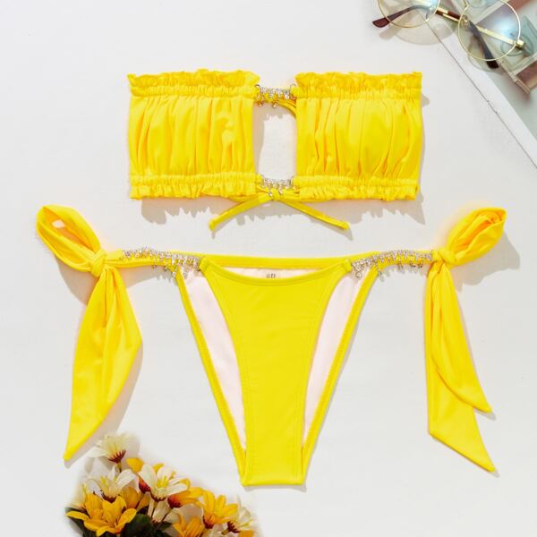 

Chain Linked Ruched Frill Bandeau Bikini Swimsuit, Yellow