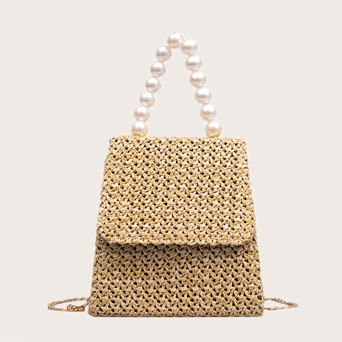 

Faux Pearl Handle Straw Satchel Bag, Khaki