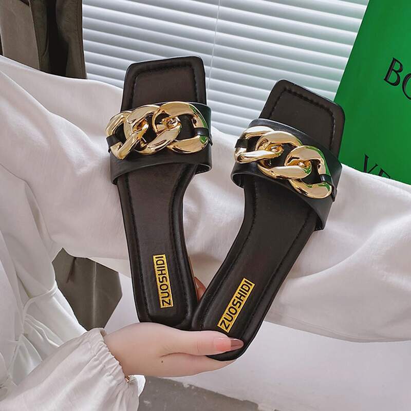 

Chunky Chain Slide Sandals, Black