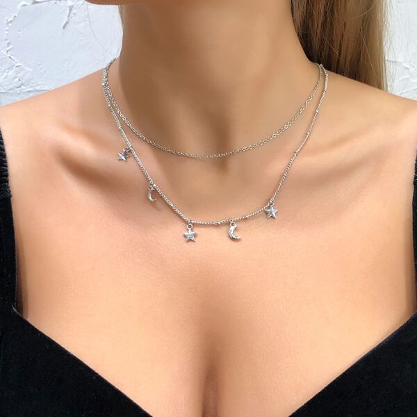 

Star & Moon Pendant Layered Necklace, Silver