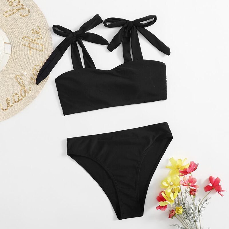 

Solid Tie Shoulder Bikini Swimsuit, Black