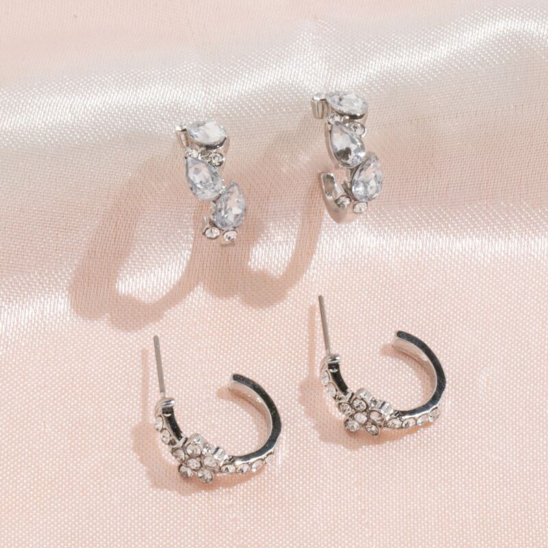 

2pairs Rhinestone Decor Open Hoop Earrings, Silver