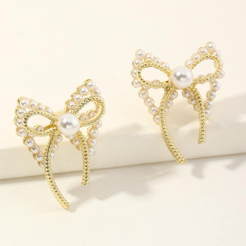 

Faux Pearl Bow Decor Stud Earrings, Gold