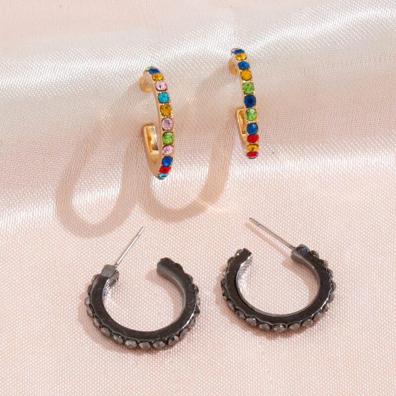 

2pairs Rhinestone Decor Open Hoop Earrings, Multicolor